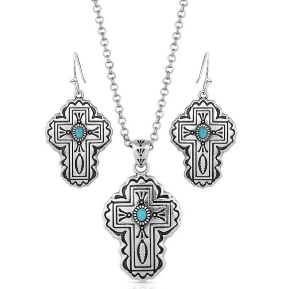 Montana Silversmiths Jewelry - NEW Montana Silversmiths Cathedral Turquoise Silver Cross Set Western Cross